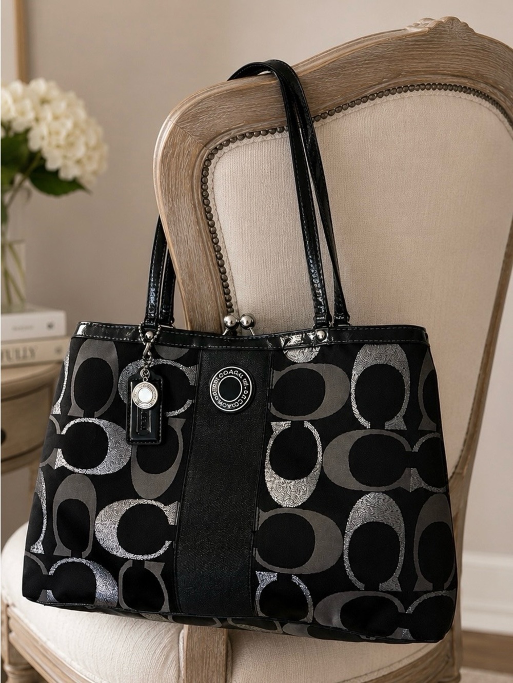 Coach Black Carryall Kisslock Frame Tote Gray & Silver C Monogram - Picture 1 of 16